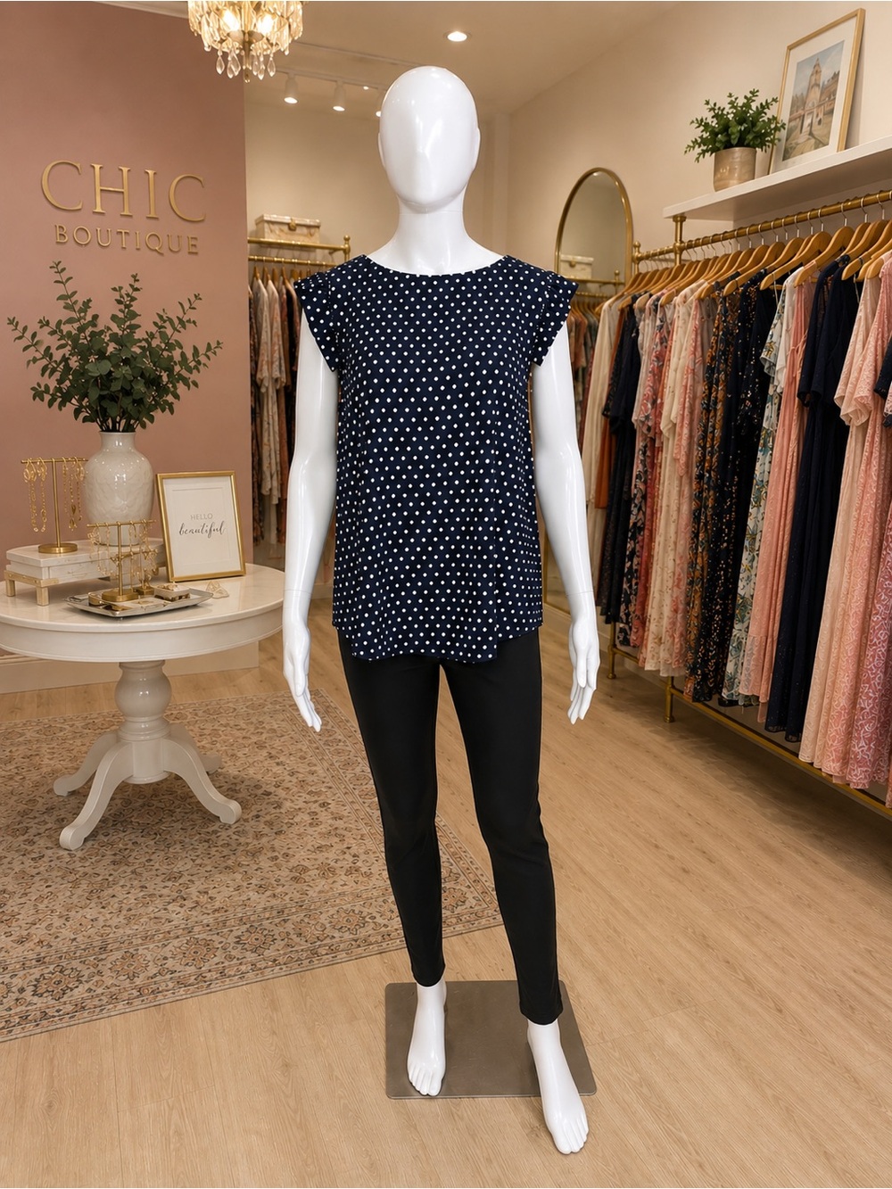 Monteau Navy and White Polka Dot Cap-Sleeve Blouse